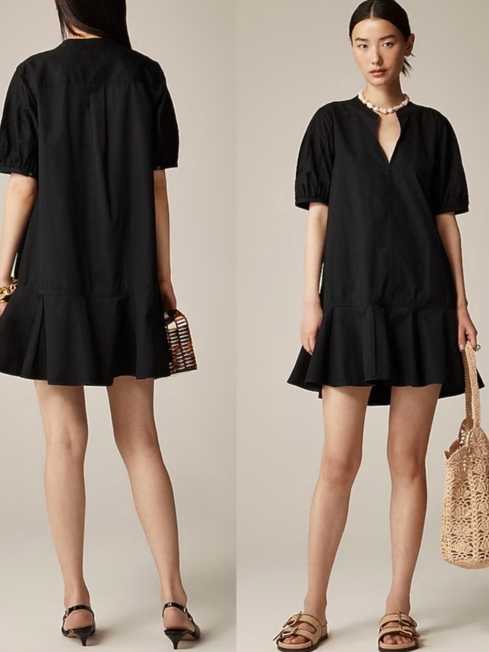Olivaceous Black Short Puff-Sleeve Ruffle-Hem Mini Dress